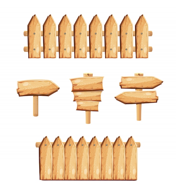 Vector houten tuinomheiningen en houten tekensvoorraad. omheining gemaakt van platen en aanwijzer illustratie
