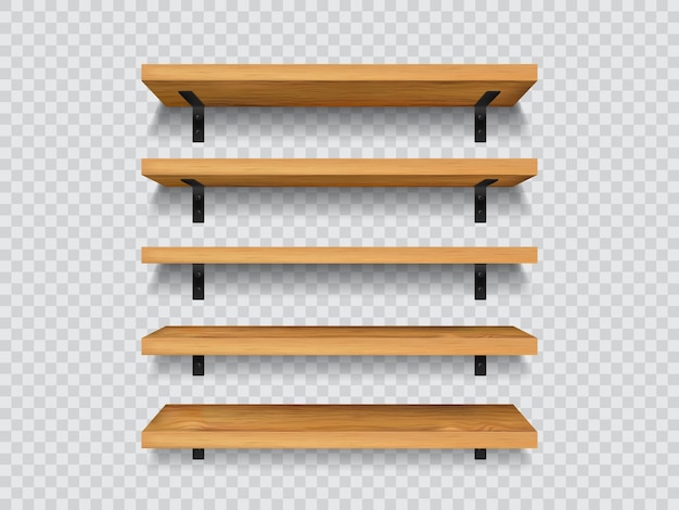 Houten winkelplanken 3d vector lege boekenplanken