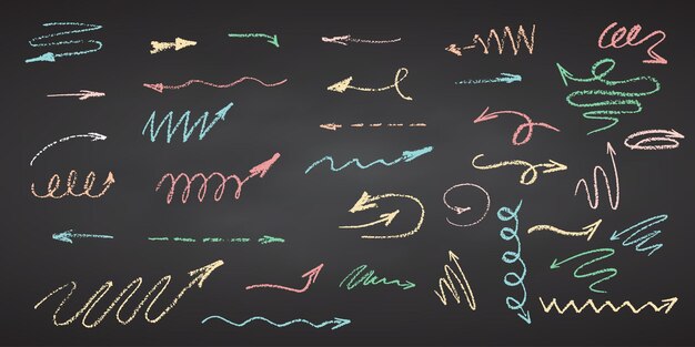 Houtskool potlood met de hand tekenen krullende pijlen Swishes swashes swoops swooshes krabbels en krabbels Kleur krijt elementen op het krijtbord Grunge krijt krijt doodles textuur strepen Vector illustratie