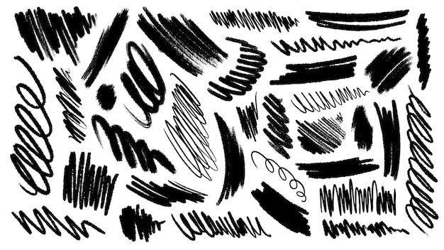 Houtskool potlood vector lijnen en krabbels krabbel penseelstreken set handgetekende marker krabbels