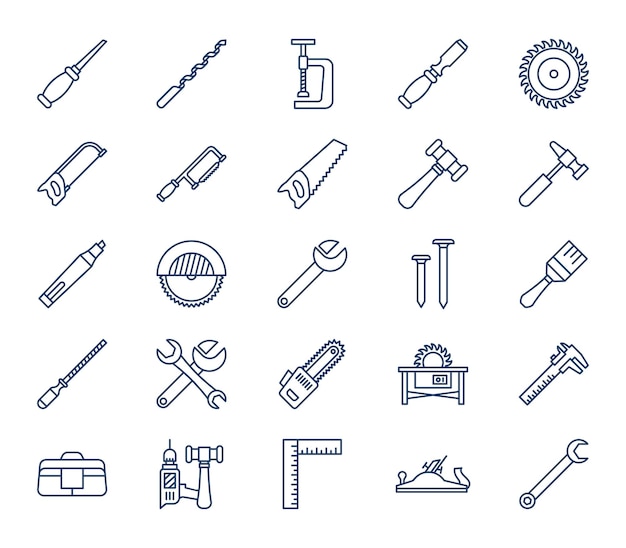 Houtwerk en timmerwerk tools icon set