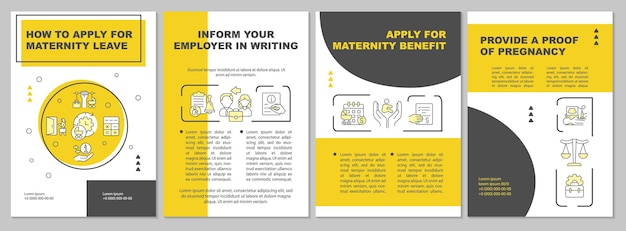 Vector how to apply for maternity leave yellow brochure template. flyer, booklet, leaflet print, cover design with linear icons. vector layouts for presentation, annual reports, advertisement pages