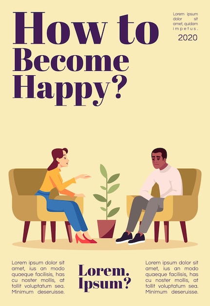 Vector how to become happy magazine cover template. psychological help. talk therapy. journal mockup design. vector page layout with flat character. advertising cartoon illustration with text space