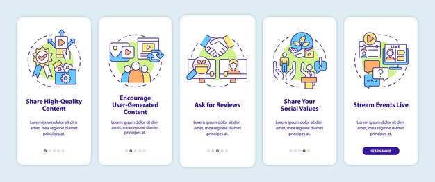 How to build trust on social media onboarding mobile app screen. business walkthrough 5 steps graphic instructions pages with linear concepts. ui, ux, gui template. myriad pro-bold, regular fonts used