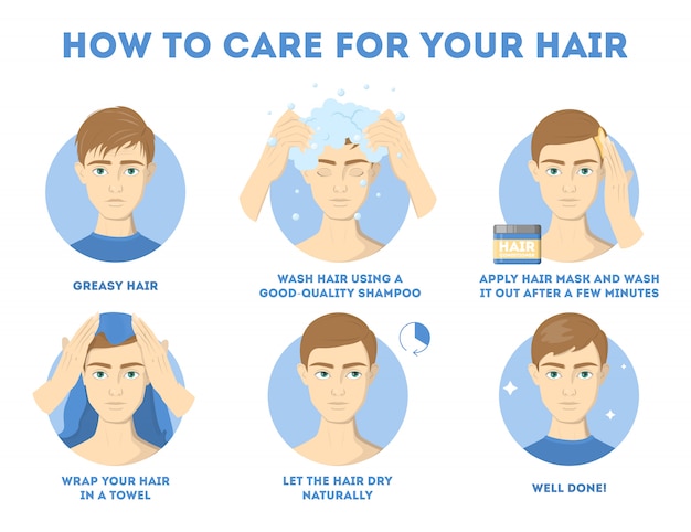 How to care for your hair instruction for men. Hair treatment procedure. Dry with towel, use oil and mask for health.   illustration