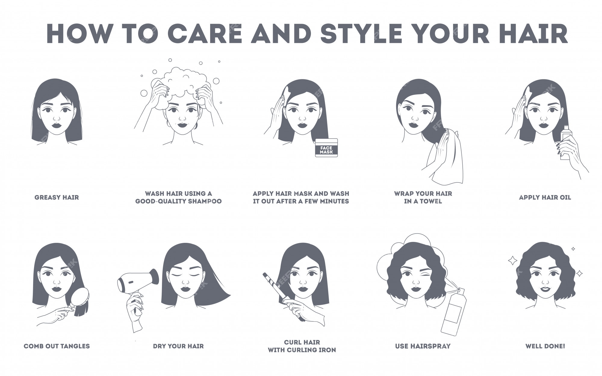 Premium Vector | How to care for your hair and style them instruction. hair treatment procedure. dry with hairdryer, use oil and mask for health. make curl with curling iron. line illustration Premium Vector | How to care for your hair and style them instruction. hair treatment procedure. dry with hairdryer, use oil and mask for health. make curl with curling iron. line illustration