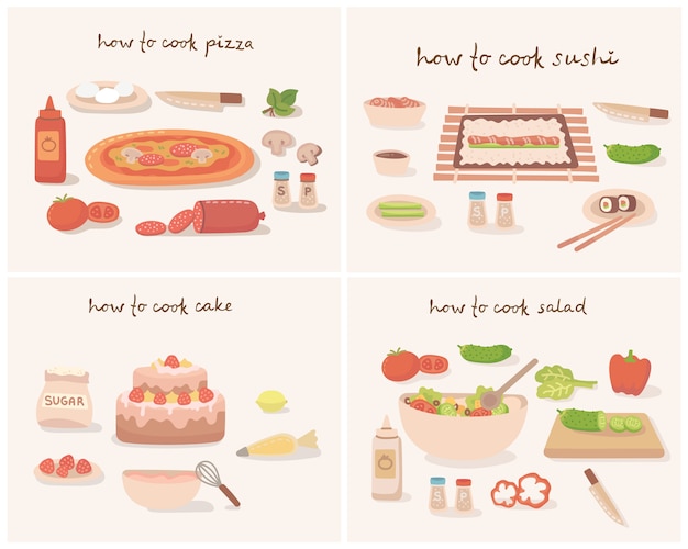 How to cook a tasty traditional vegetables pizza, cake, sushi and salad with kitchen utensils, ingredients.