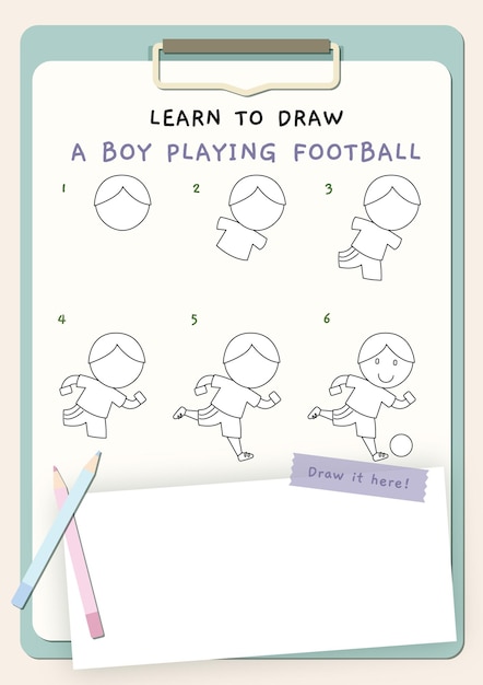 Vector how to draw a boy playing football. drawing steps for kids. learn how to draw.