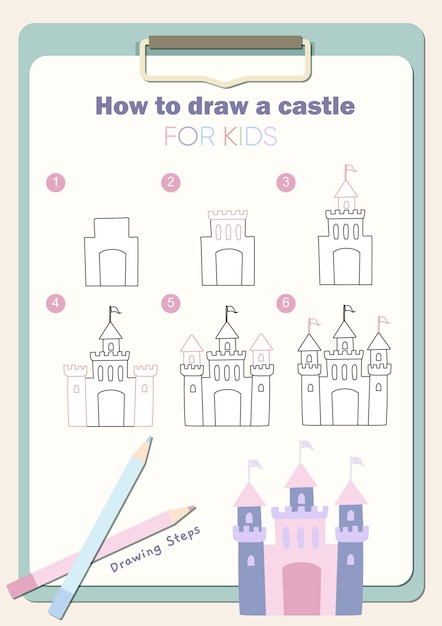 How to draw a castle. Easy drawing steps for kids vector template