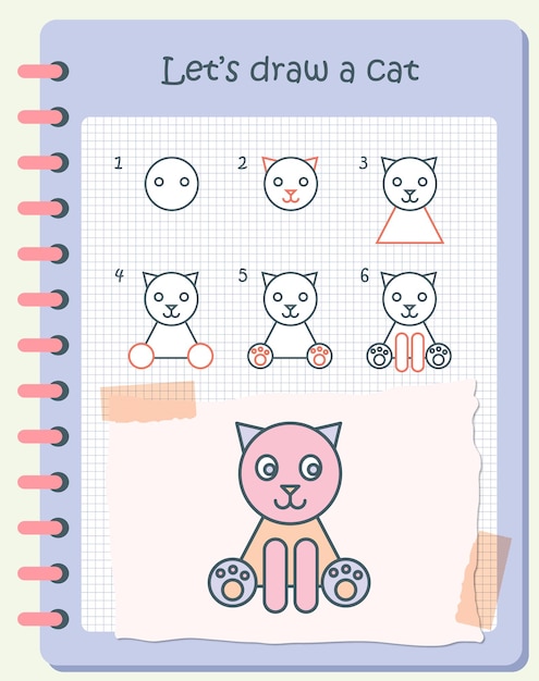 How to draw a cat for kids. easy drawing steps for kids. flat animal vector illustration.