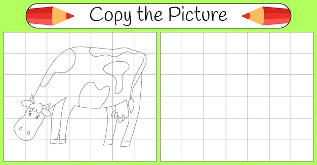 Come disegnare una mucca passo dopo passo usa l'apprendimento della griglia disegnare esercitazione di disegno lezione per bambini pagina da colorare per libro pagina di arte educativa per bambini illustrazione vettoriale