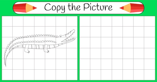 How to draw a crocodile Step by step use grid learning draw Drawing tutorial Lesson for kids Coloring page for book Children educational art page Vector illustration