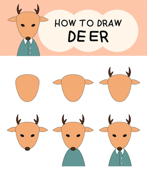 イラスト教育と子供向けに、かわいい鹿のキャラクター漫画を段階的に描く方法