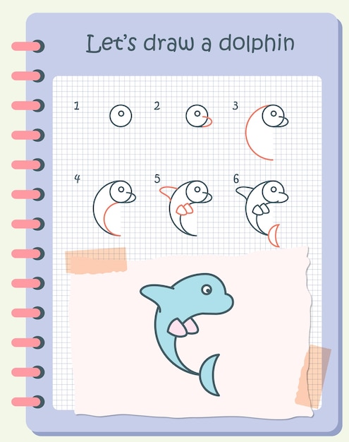 How to draw a dolphin for kids. Easy drawing steps for kids. Flat Animal Vector illustration.