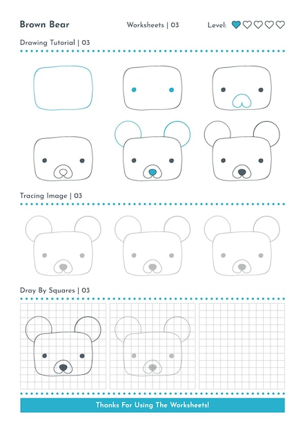 Vector how to draw doodle brown bear cartoon character step by step drawing tutorial activity worksheets fo