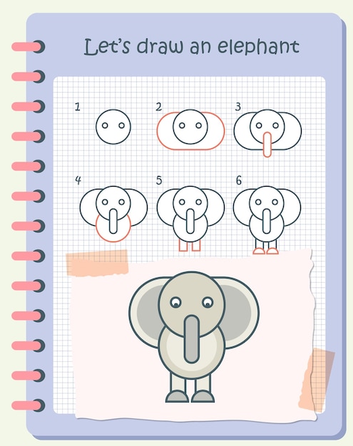 Vector how to draw an elephant for kids. easy drawing steps for kids. flat animal vector illustration.