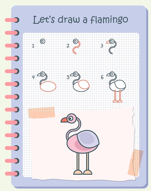 Vector how to draw a flamingo for kids. easy drawing steps for kids. flat animal vector illustration.