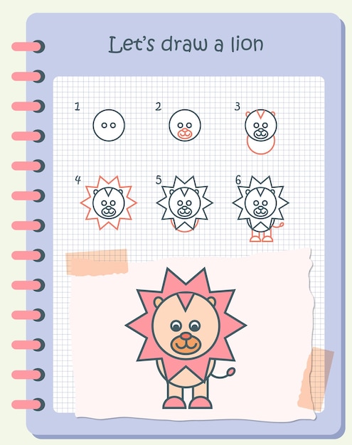 How to draw a lion for kids. Easy drawing steps for kids. Flat Animal Vector illustration.