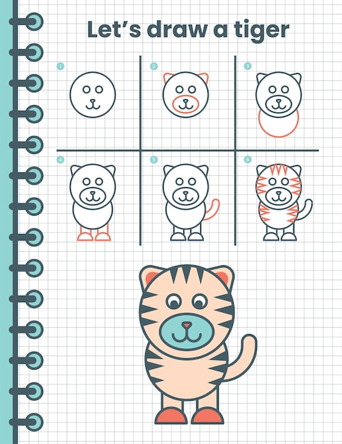 Vector how to draw a tiger for kids. easy drawing steps for kids. animal vector illustration. flat animals