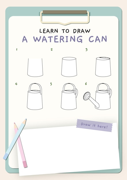 Vector how to draw a watering can. drawing steps for kids. learn how to draw. printable for children