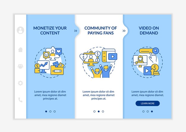 Vector how to earn money from subscription blue and white onboarding template responsive mobile website with linear concept icons web page walkthrough 3 step screens latobold regular fonts used