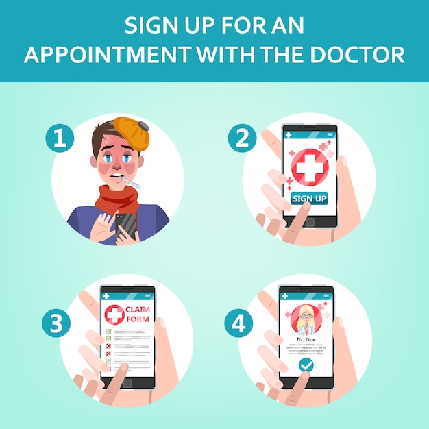 How to get consultation with a doctor using mobile phone instruction. online medical consultation with specialist. register to the hospital.  flat illustration