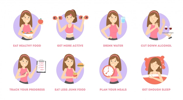 Vector how to get fit and healthy lifestyle tips.