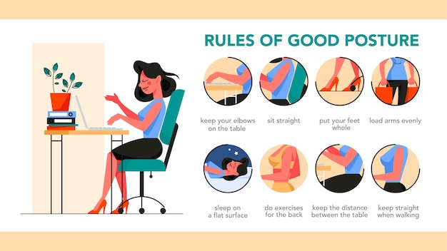 How to get a good posture infographic. Correct pose for back pain prevention. Wrong and right body position.    illustration