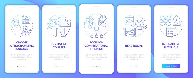Vector how to learn to code blue gradient onboarding mobile app screen study walkthrough 5 steps graphic instructions pages with linear concepts ui ux gui template myriad probold regular fonts used