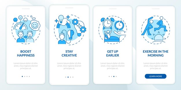 How to live balanced life blue onboarding mobile app screen. Inner peace walkthrough 4 steps graphic instructions pages with linear concepts. UI, UX, GUI template. Myriad Pro-Bold, Regular fonts used