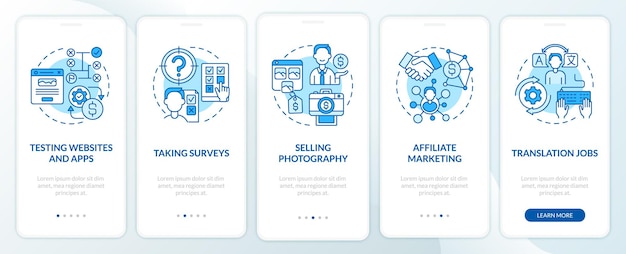 How to make profit online onboarding mobile app page screen. testing software walkthrough 5 steps graphic instructions with concepts. ui, ux, gui vector template with linear color illustrations