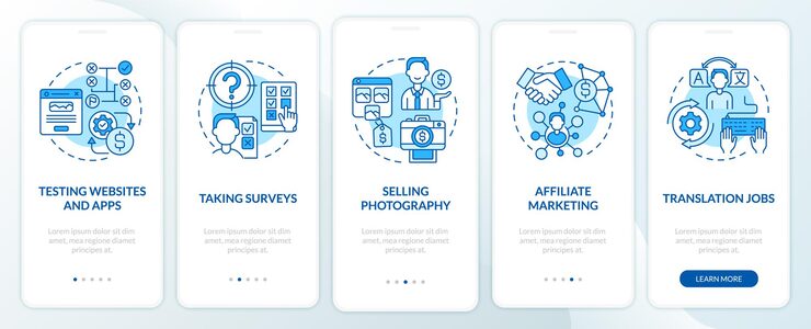 Vector how to make profit online onboarding mobile app page screen. testing software walkthrough 5 steps graphic instructions with concepts. ui, ux, gui vector template with linear color illustrations
