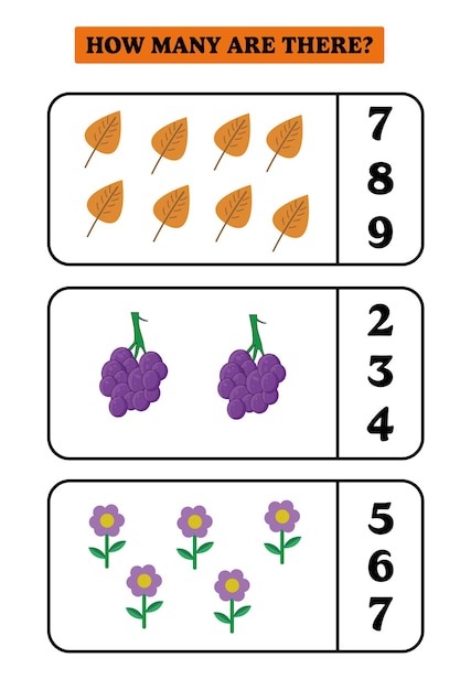Сколько их? Развивающая математическая игра для детей. Дизайн листов для печати для детей дошкольного возраста.