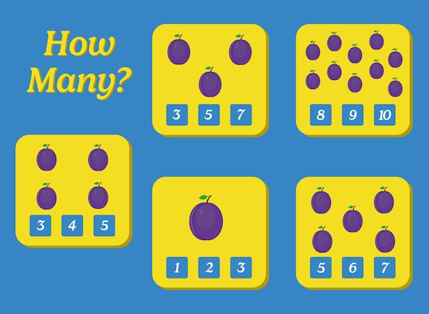 Сколько их? Развивающая математическая игра для детей. Дизайн листов для печати для детей дошкольного возраста.