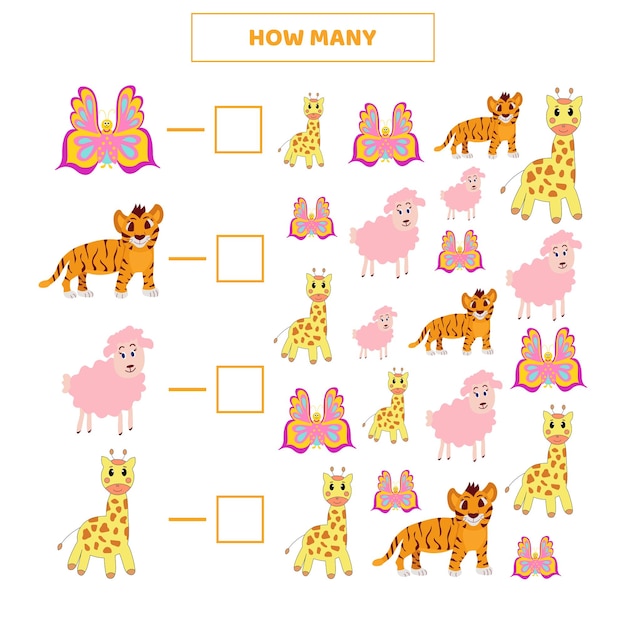 How many are thereCounting game for kids with cute cartoon butterflysheeptiger and giraffe