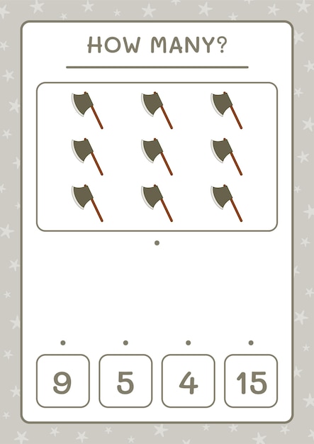 Vector how many ax, game for children. vector illustration, printable worksheet