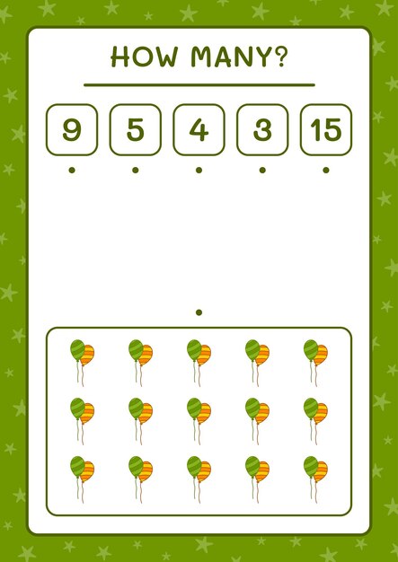 風船の数、子供向けのゲーム。ベクトルイラスト、印刷可能なワークシート