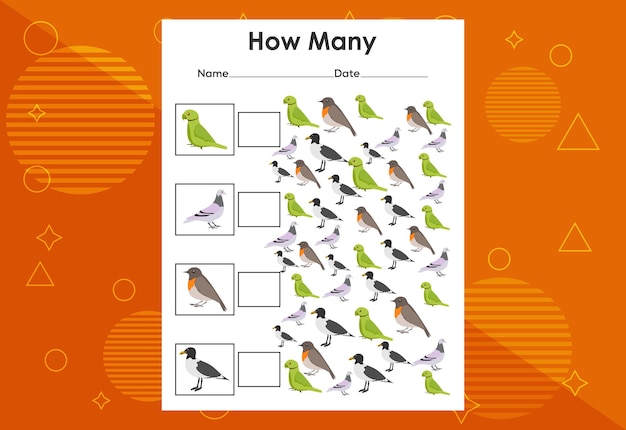 How many bird tasks Educational children's game worksheet