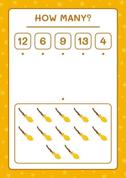 How many Broom Magic, game for children. Vector illustration, printable worksheet