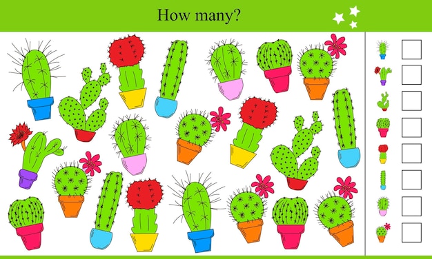 Vector how many cacti in pots educational game for children