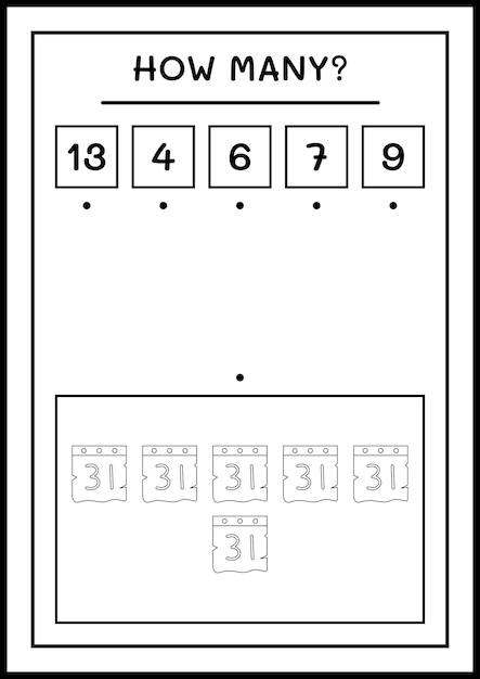 얼마나 많은 달력, 어린이를 위한 게임. 벡터 일러스트 레이 션, 인쇄용 워크시트