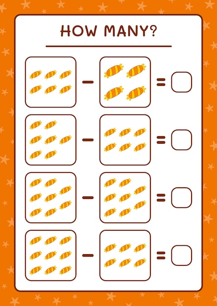 キャンディーの数、子供向けのゲーム。ベクトルイラスト、印刷可能なワークシート