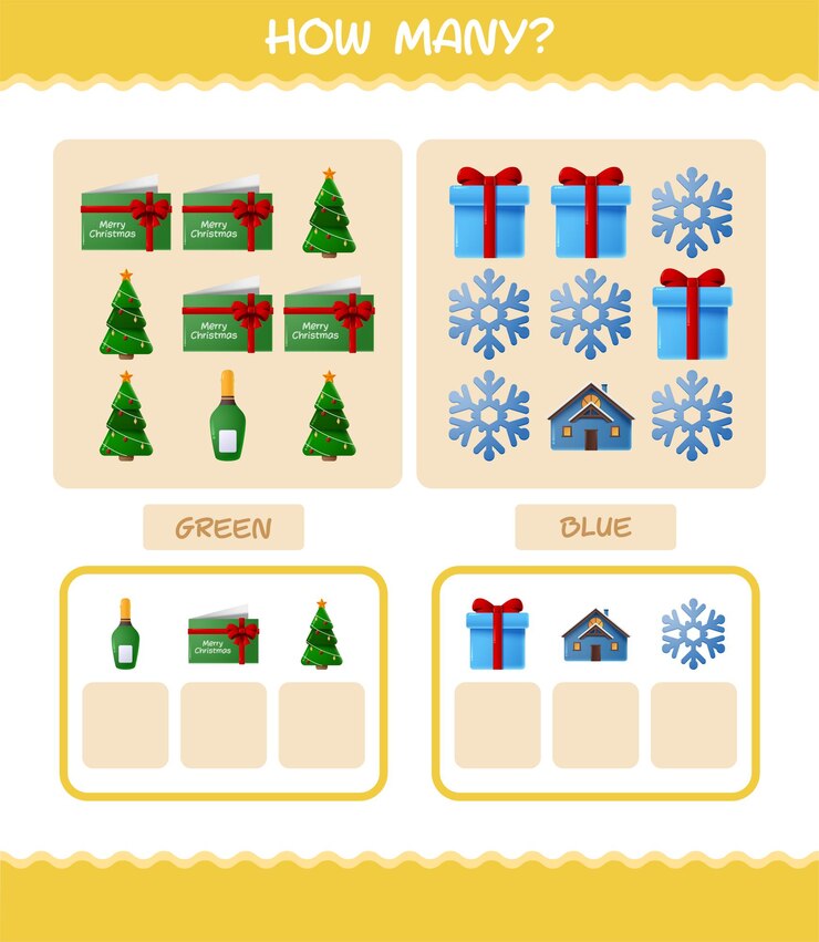 Vector how many cartoon christmas. counting game. educational game for pre shool years kids and toddlers