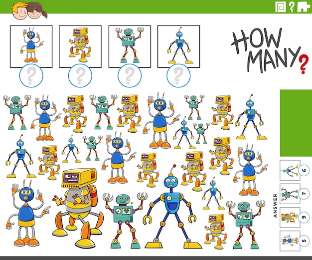 How many cartoon robots characters counting activity