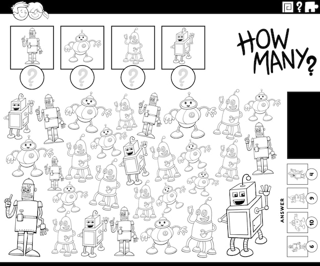 How many cartoon robots counting game coloring page