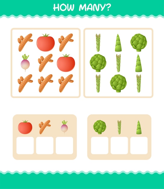 How many cartoon vegetables. Counting game. Educational game for pre shool years kids and toddlers