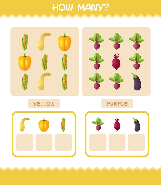 How many cartoon vegetables. Counting game. Educational game for pre shool years kids and toddlers