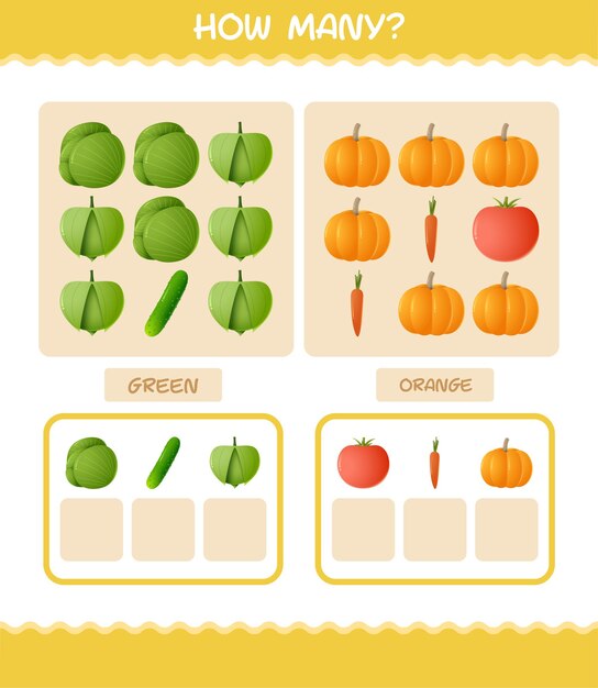 How many cartoon vegetables. Counting game. Educational game for pre shool years kids and toddlers