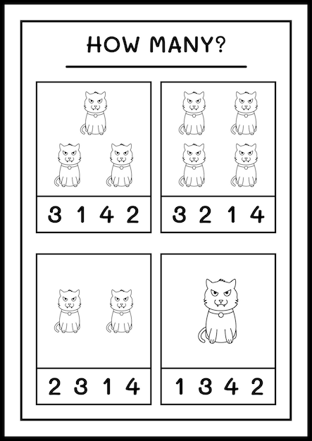 How many Cat, game for children. Vector illustration, printable worksheet