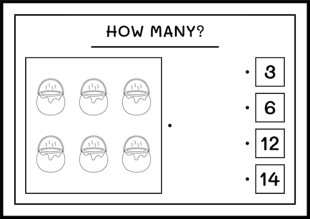 얼마나 많은 가마솥, 어린이용 게임. 벡터 일러스트 레이 션, 인쇄용 워크시트